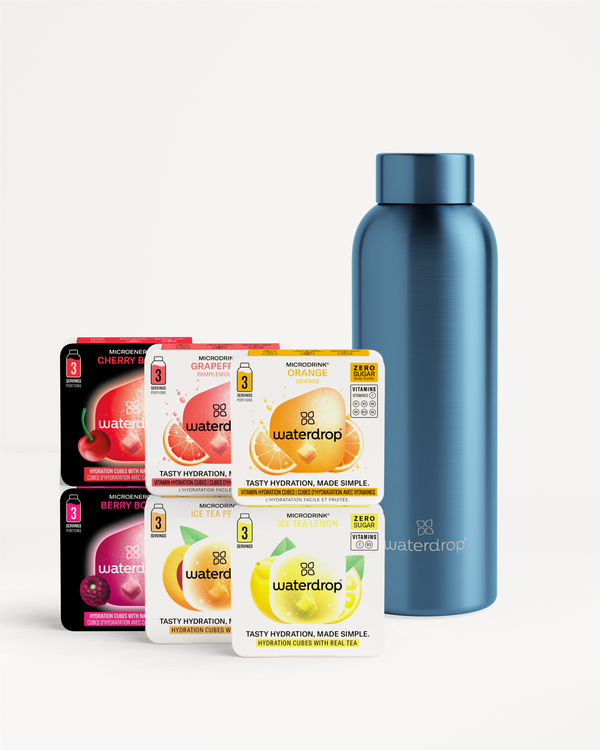 Starter Set Thermo Steel with six microdrink flavors and blue bottle.