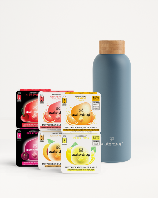 Starter Set Thermo Steel bottle with six microdrink packs.