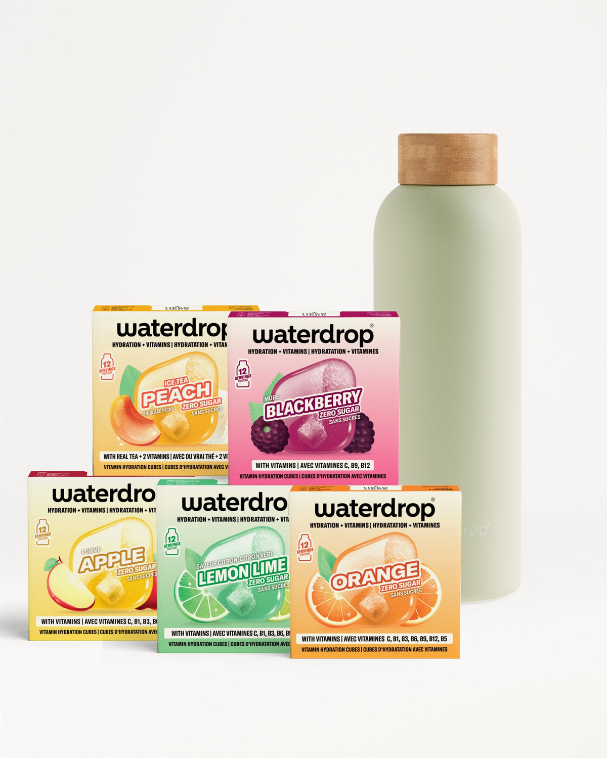 Разнообразни кутии за вкусове Waterdrop до светлозелена бутилка отстрани.