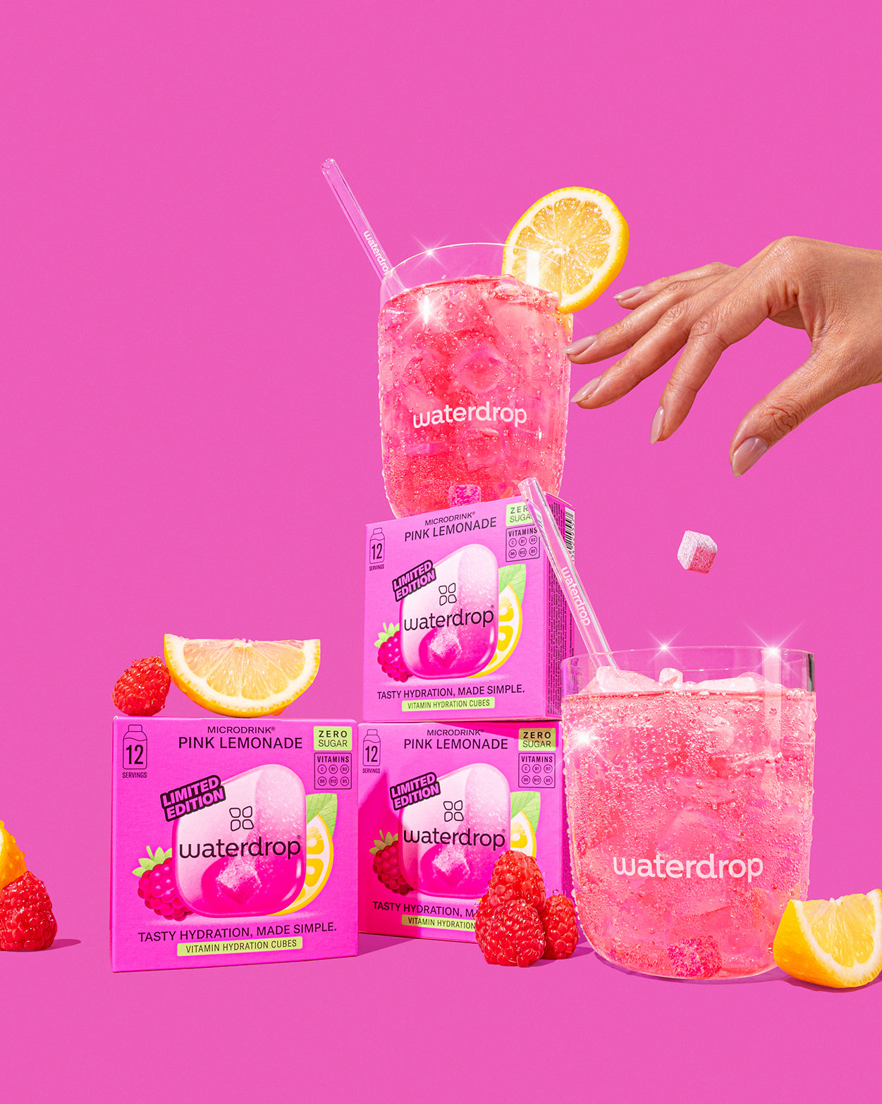 Double Apple Lemonade 3+1 Set with raspberries and lemon wedges.