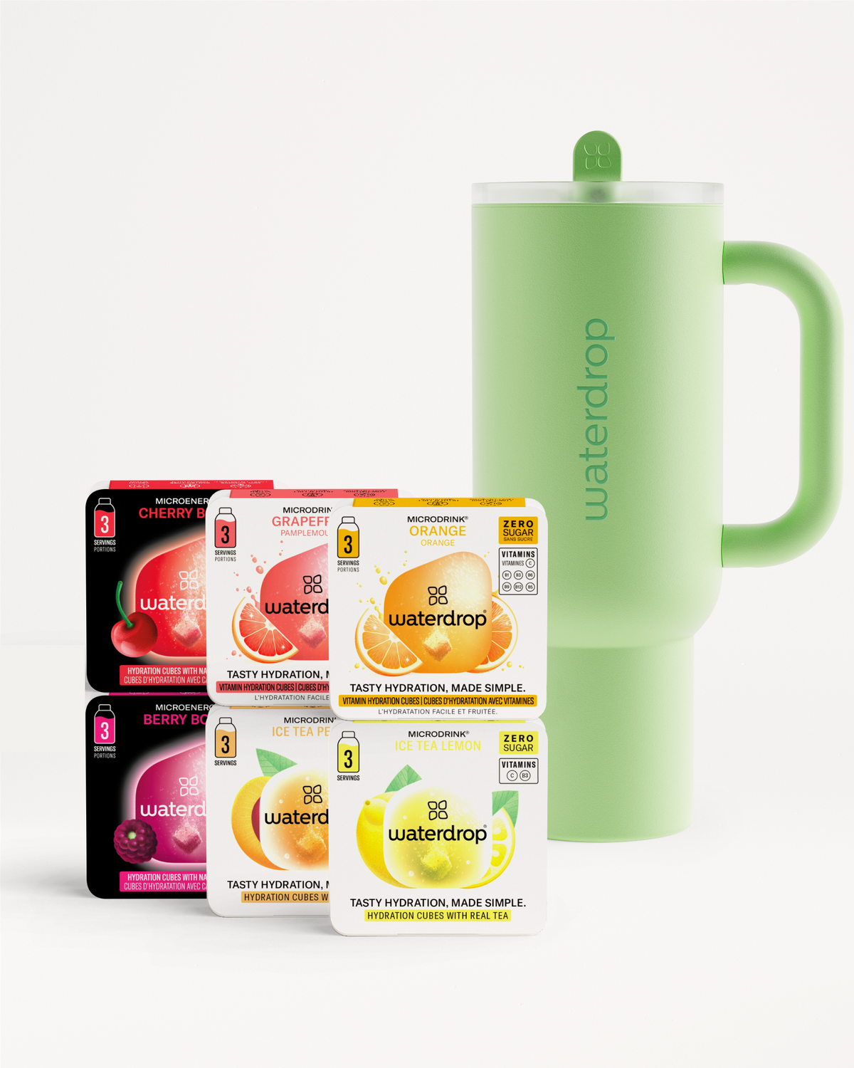 Starter Set Explorer Thermo Tumbler with assorted flavor hydration cubes.