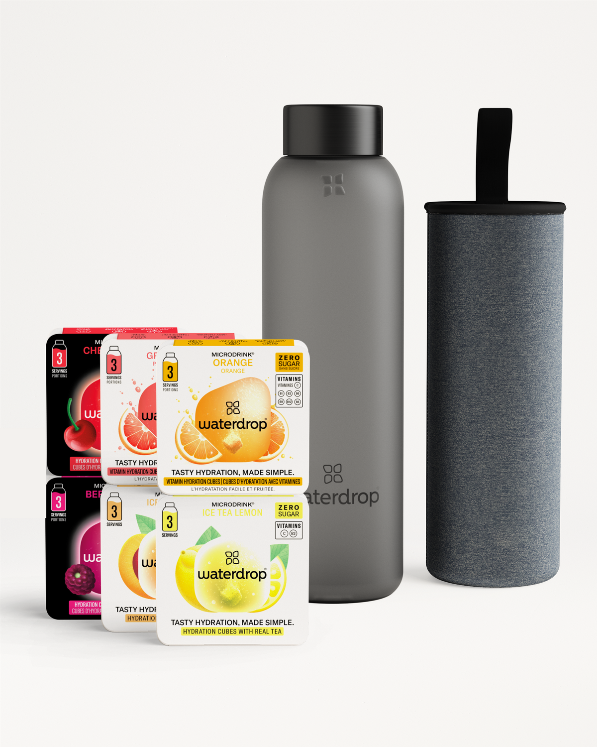 Starter Set Microdrink Glass with hydration cubes and reusable bottle.