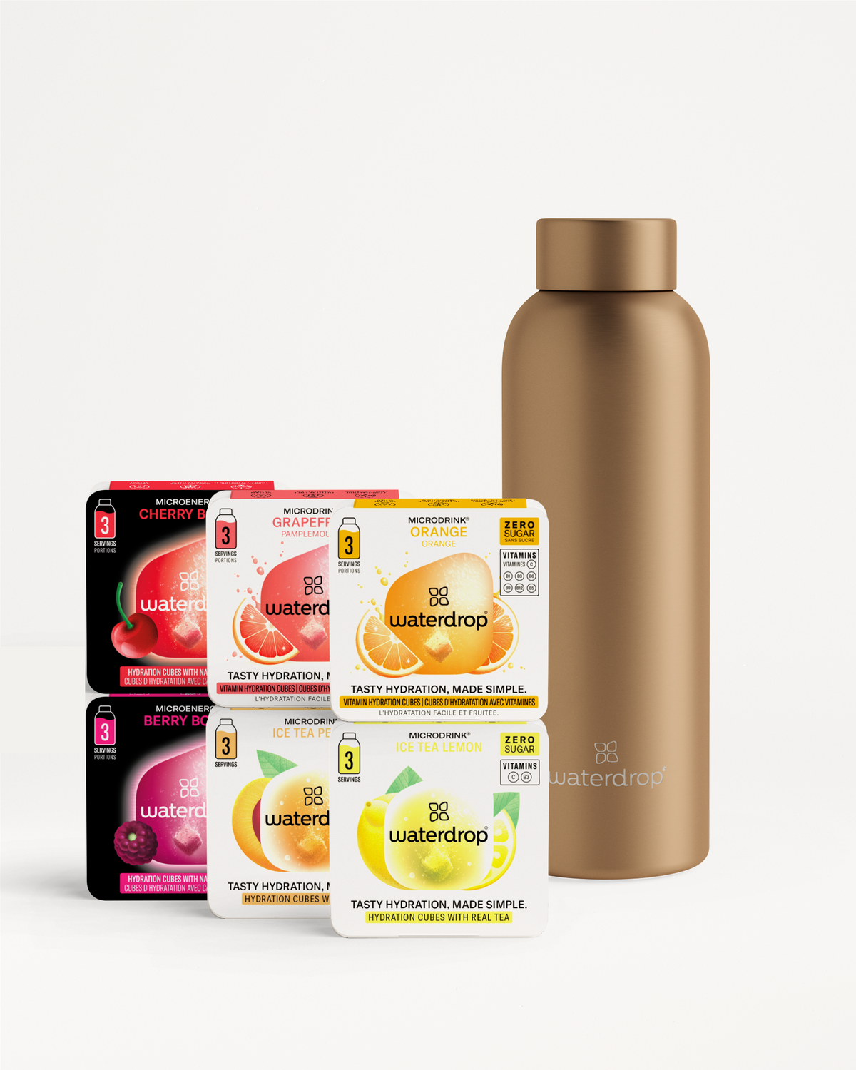 Starter Set Microdrink Thermo Steel with six flavor cubes and bottle.