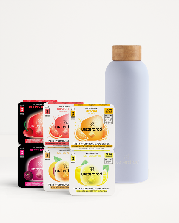 Starter Set Thermo Steel with six microdrink flavors and bottle.