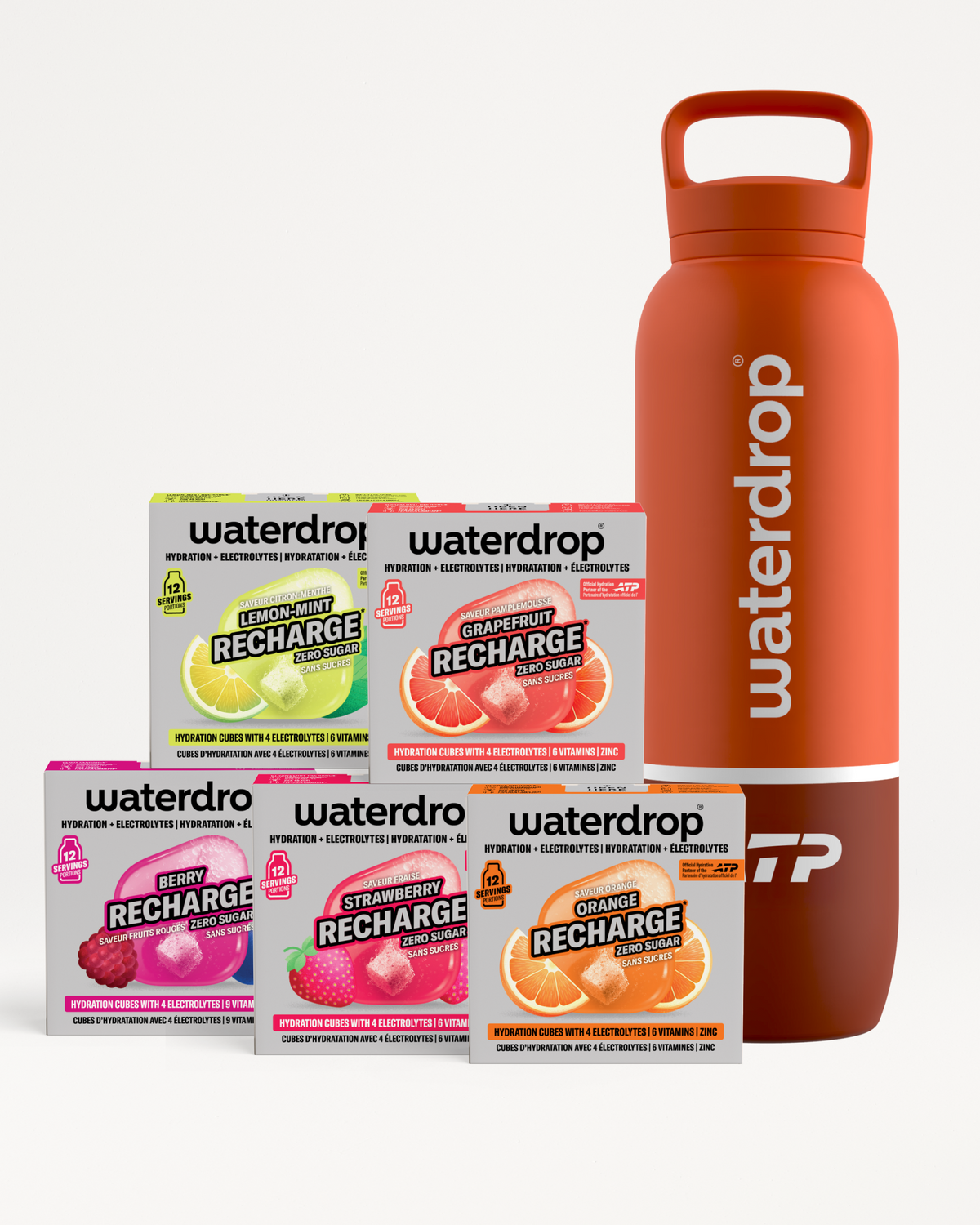 Разнообразни кутии Waterdrop Recharge със вкусове до оранжева многоразова бутилка.