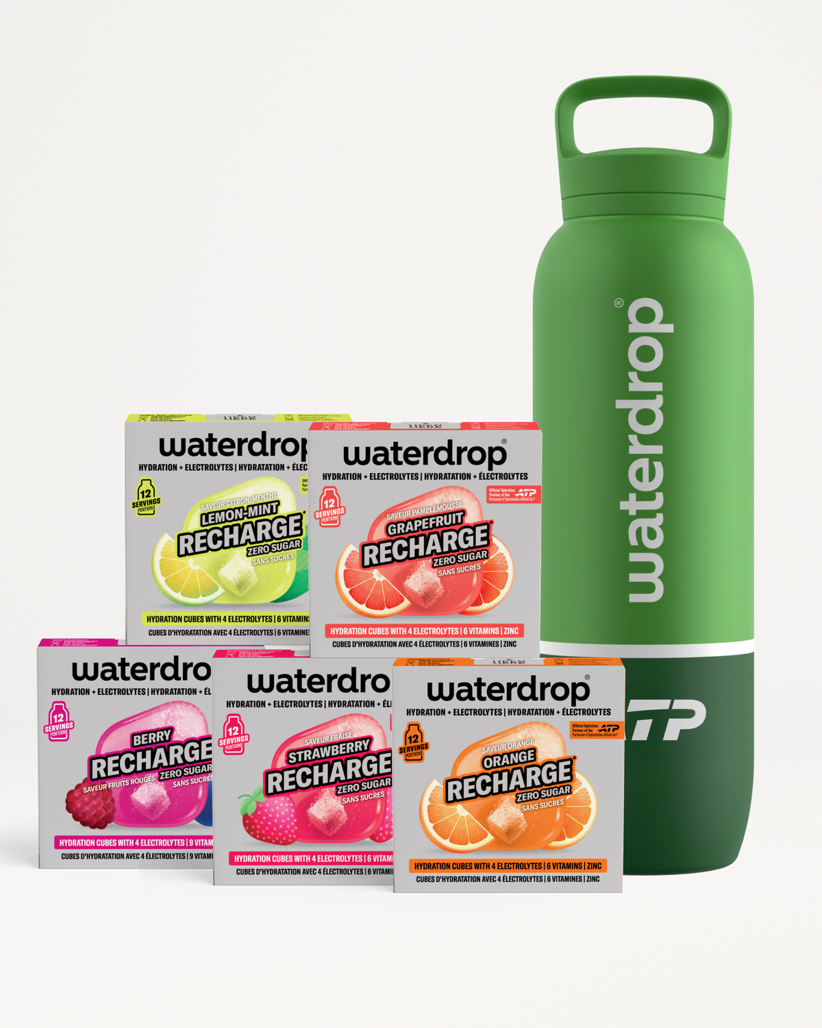 Разнообразни кутии с вкусове Waterdrop Recharge и зелена многократна бутилка.