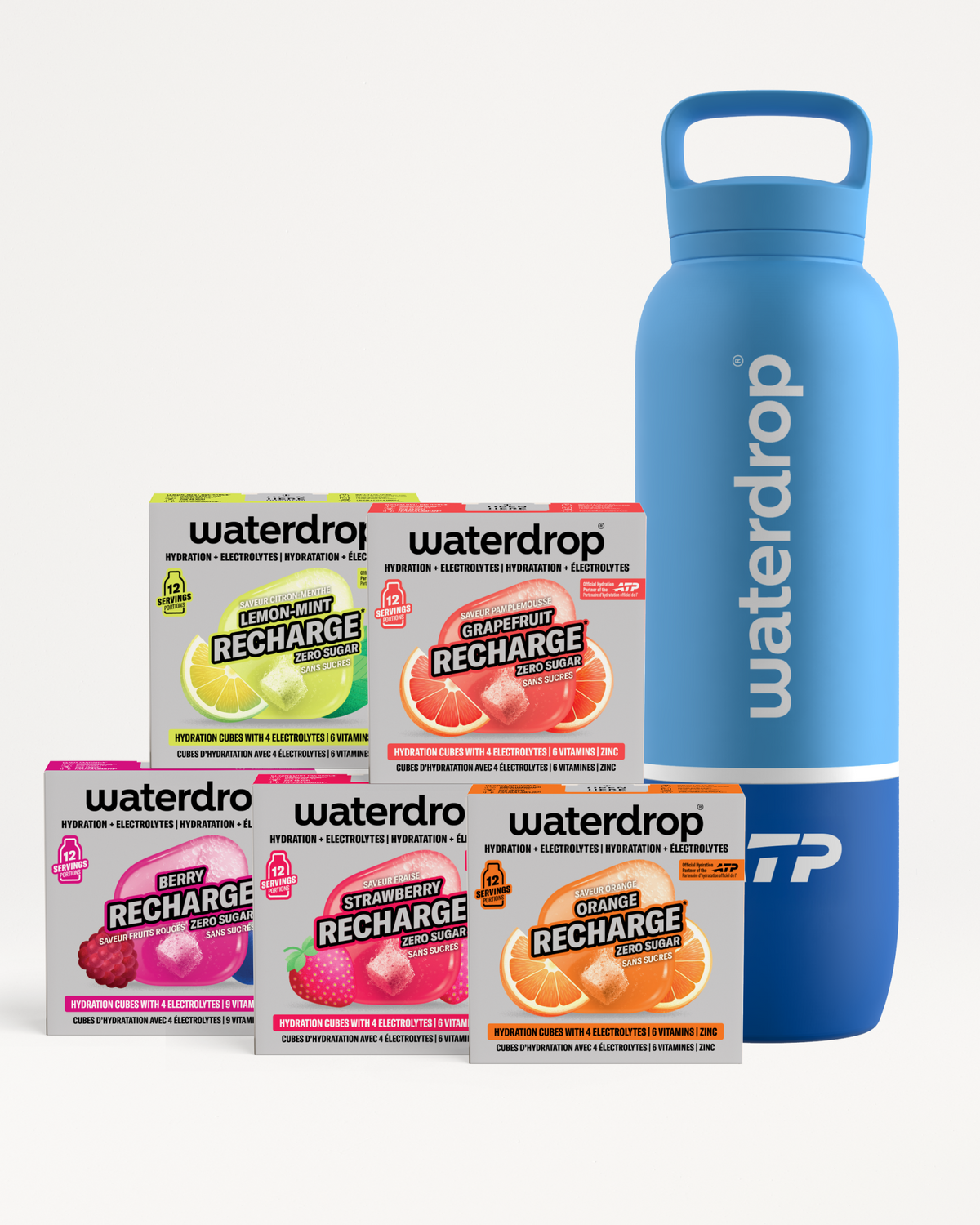Синя повторно използвана бутилка Waterdrop с четири кутии Recharge за вкусове.