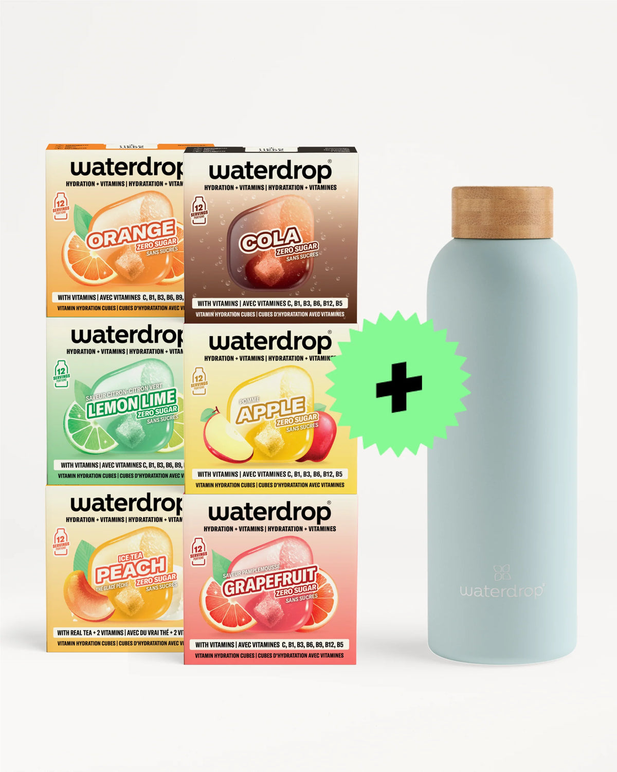 Подредени са различни кутии Waterdrop с вкусове до светлосиня повторно използваема бутилка.