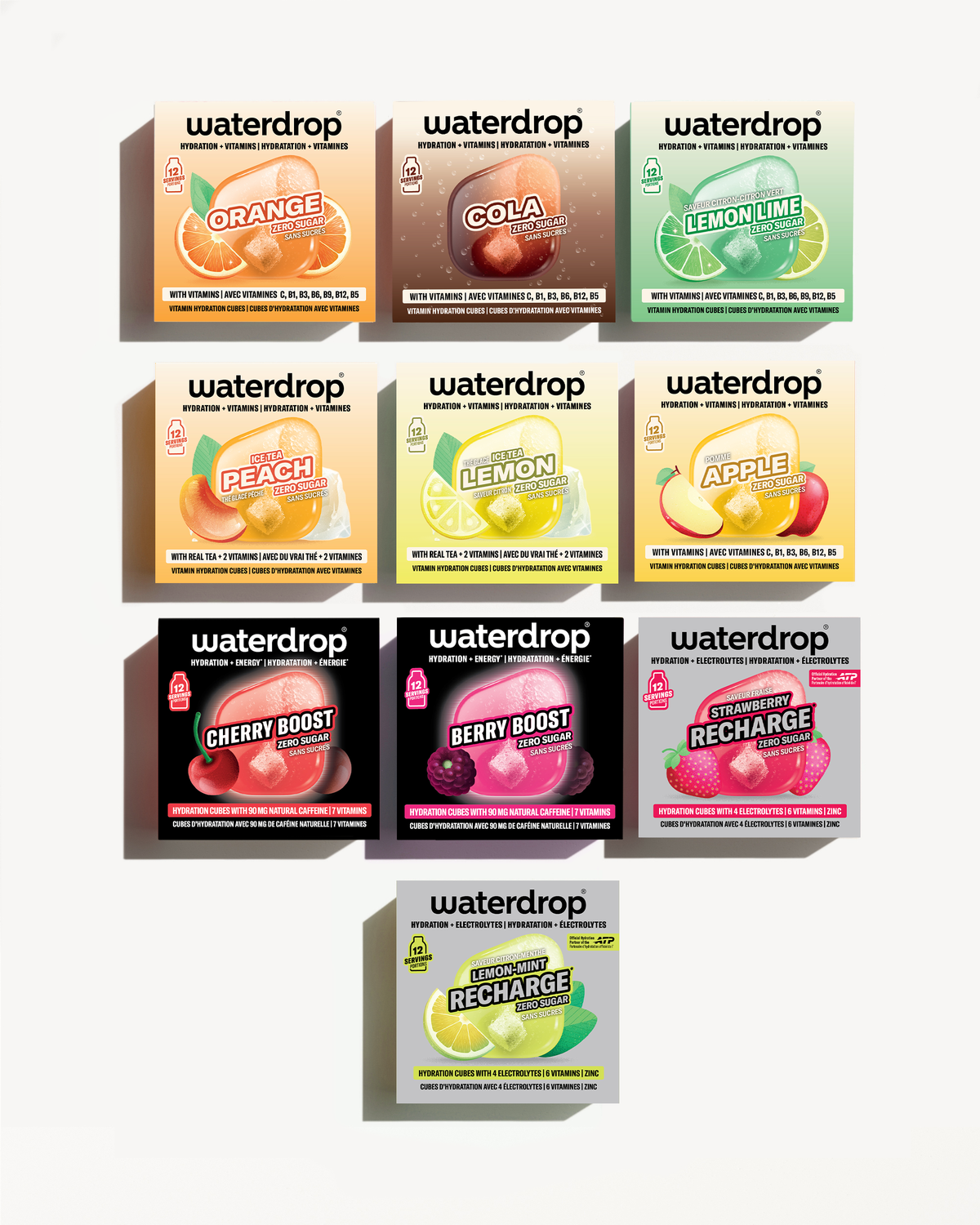 Асортимент кутии Waterdrop с вкусове подредени в пирамида.
