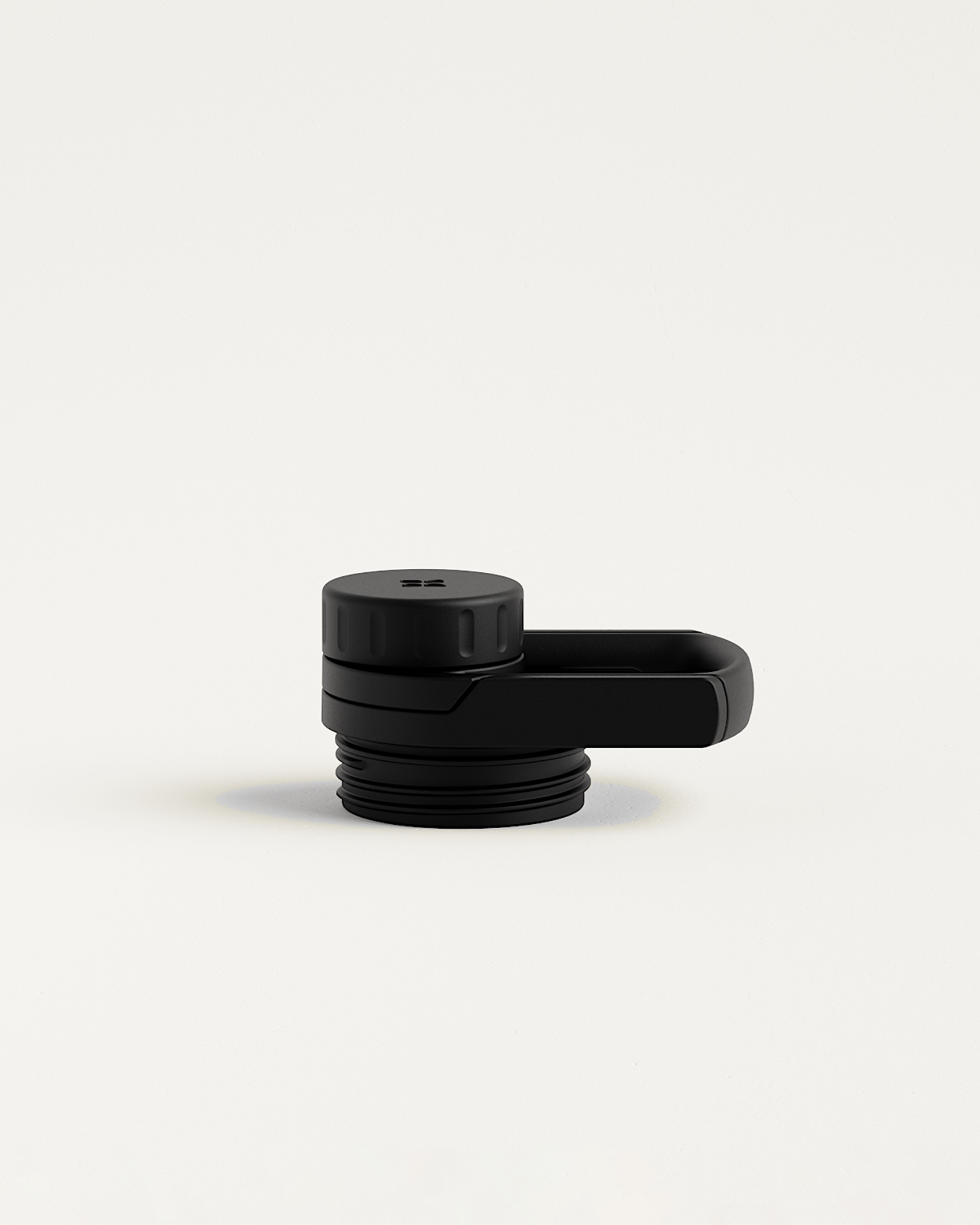 Swing Lid: A black plastic bottle cap with an attached handle, designed to prevent loss and ensure hygiene during use with All-Purpose Bottles.